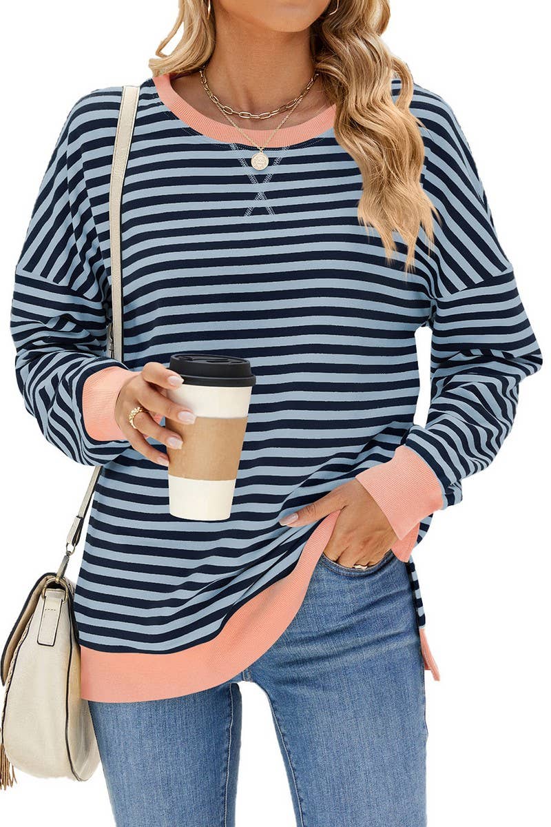 CWTBLL1198_CONTRAST COLOR ROUND NECK STRIPED SWEATSHIRT