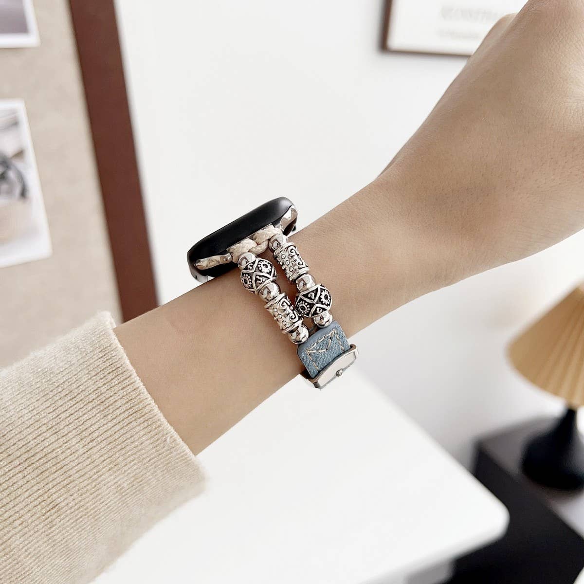 IWATCH9-1 14MM TIBETAN SILVER DENIM LEATHER STRAP
