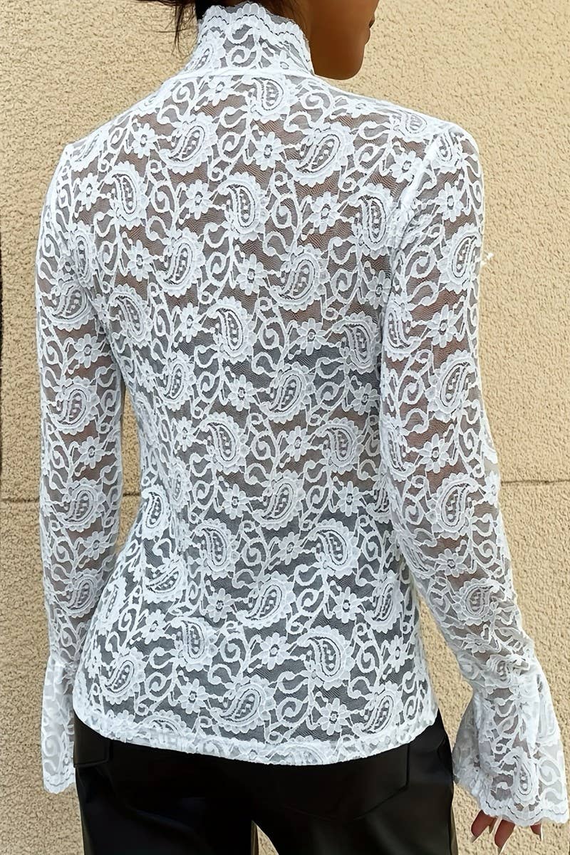 CWTBLL3464_HALF TURTLENECK LACE TRUMPET SLEEVE TOP