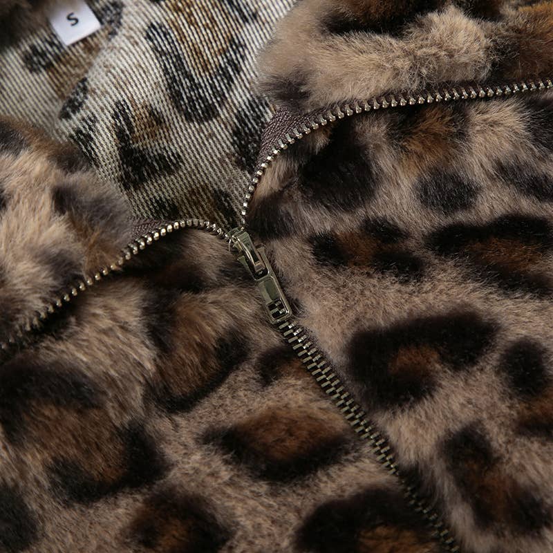 CROPPED WAIST FUR PATCHWORK LEOPARD PRINT JACKET