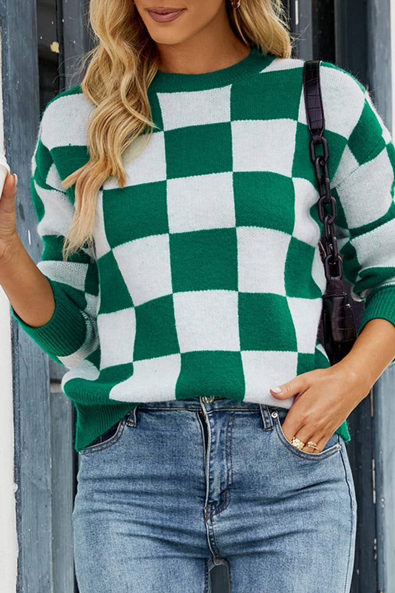 CWOSWL2943_CREW NECK COLORBLOCK CHECK KNIT SWEATER