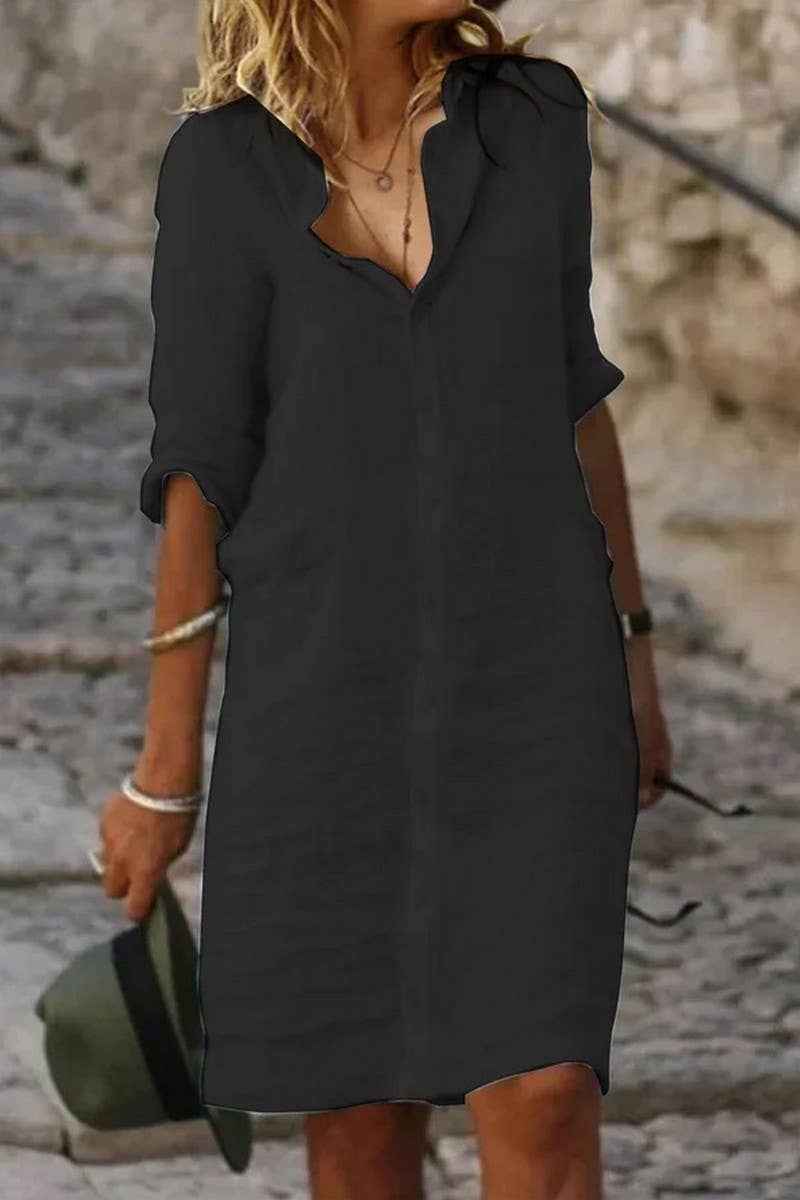 CWDSD10605_LOOSE LAPEL BUTTON SOLID COLOR SHIRT DRESS