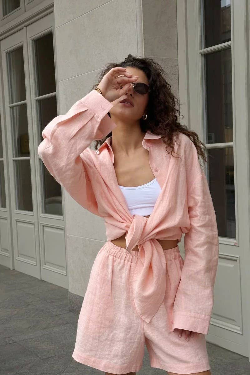 CWSTB00383_COTTON CARDIGAN LONG SLEEVE SHORTS SET