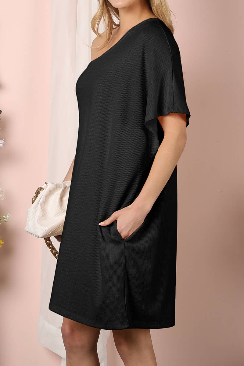 CWDSD10361_ SOFT ONE SHOULDER WITH SIDE POCKET SUMMER DRESS