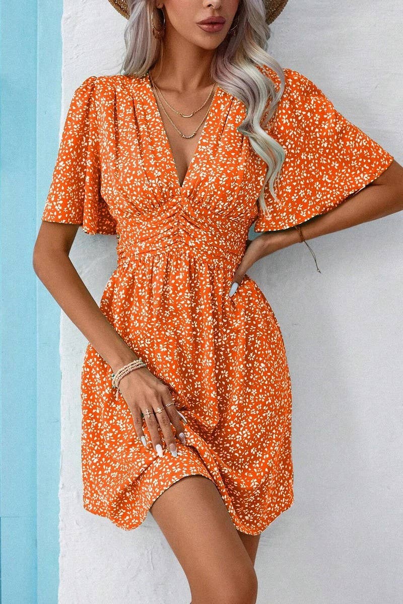 CWDSD7524_SUMMER V-NECK HIGH WAIST FLORAL PLEATED DRESS