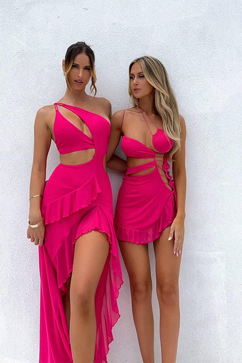 CWDMD01079_FRENCH STYLE RUFFLE ASYMMETRICAL SLIT DRESS