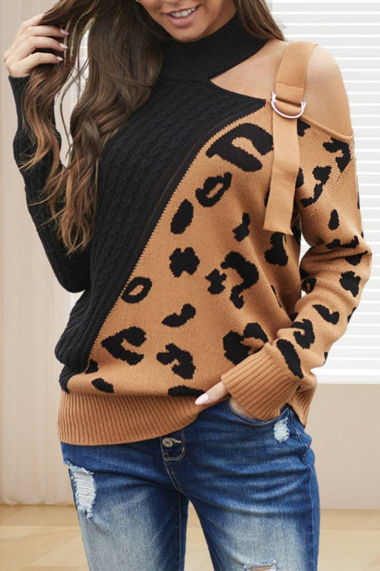 CWOSWL6674_LEOPARD PRINT OFF-THE-SHOULDER BUCKLE SWEATER