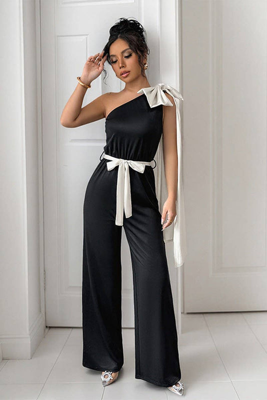 CWSJS1685_BLACK AND WHITE ONE SHOULDER BOW JUMPSUIT