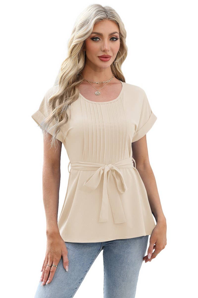 CWTBLS1698_TIE-UP RUFFLED CREW NECK SHORT-SLEEVED TOP