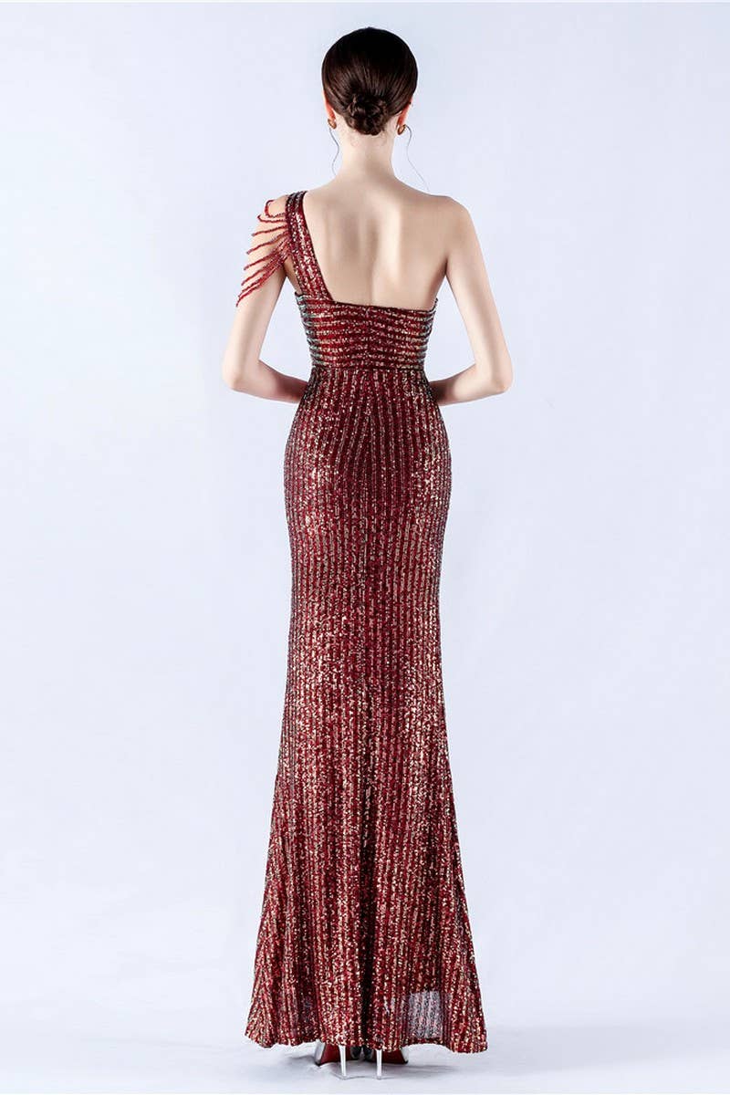 CWDMD4826_ONE-SHOULDER OFF-SHOULDER HIGH-SLIT SEQUINED DRESS