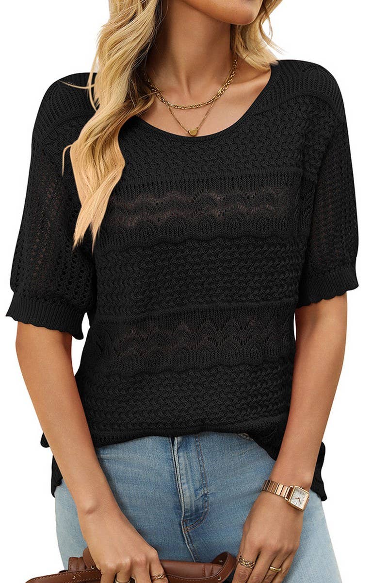CWOSWS0128_CREW NECK HOLLOW KNIT CROCHET SHORT SLEEVE TOP