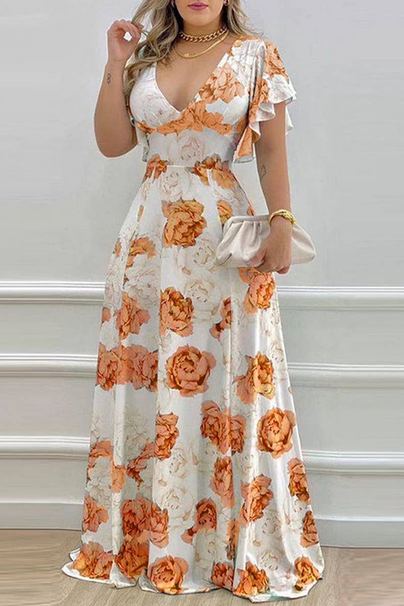 CWDMD5753_V-NECK SEXY LOTUS LEAF SLEEVES PRINTED SWING DRESS