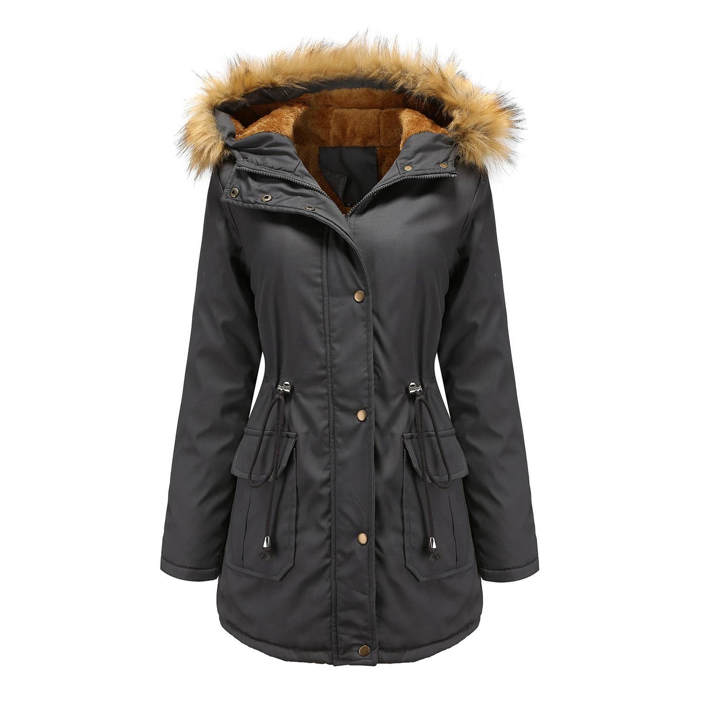 Fleece-padded jacket with hooded fur collar