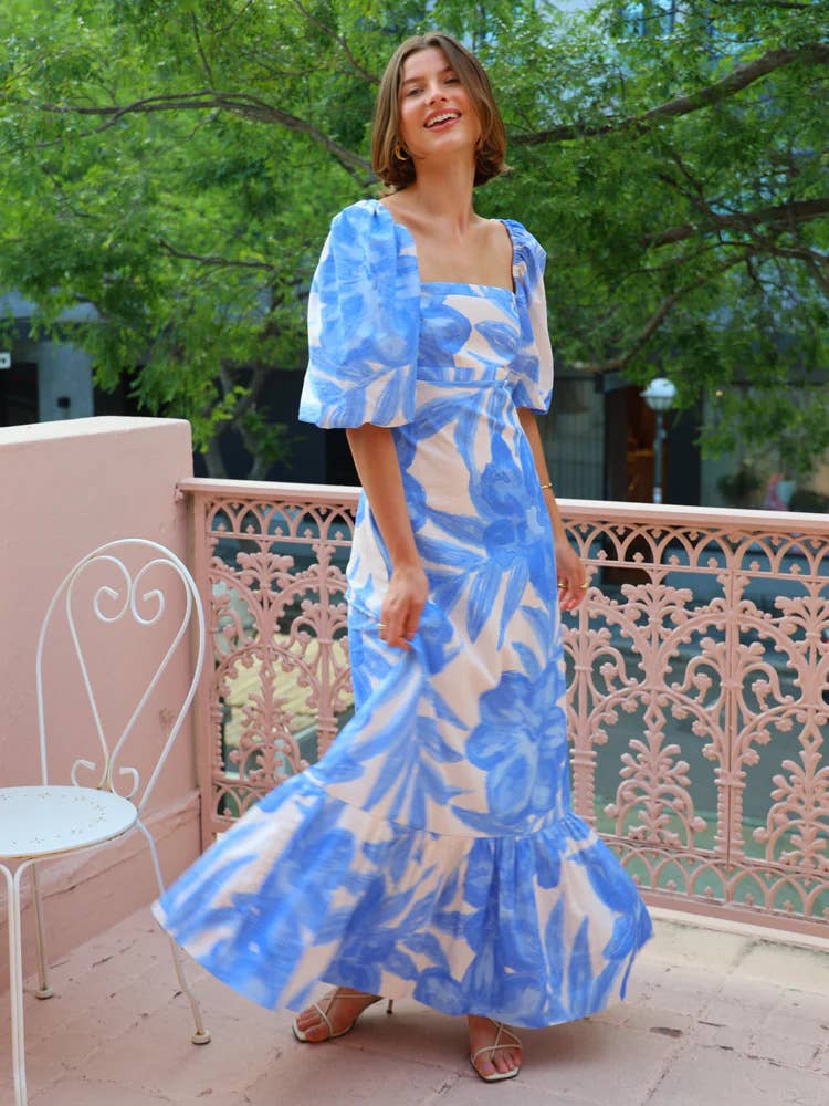 Casual line-neck print lantern sleeve dress