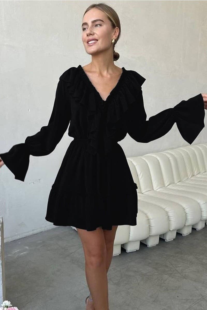 CWDSD7805_V-NECK BELL SLEEVE SHORT CHIFFON DRESS