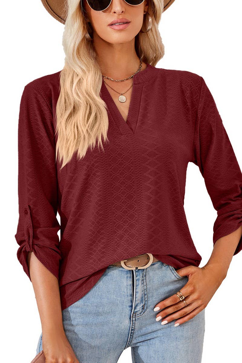CWTBLL2375_SOLID COLOR V-NECK THREE-QUARTER SLEEVE TOP