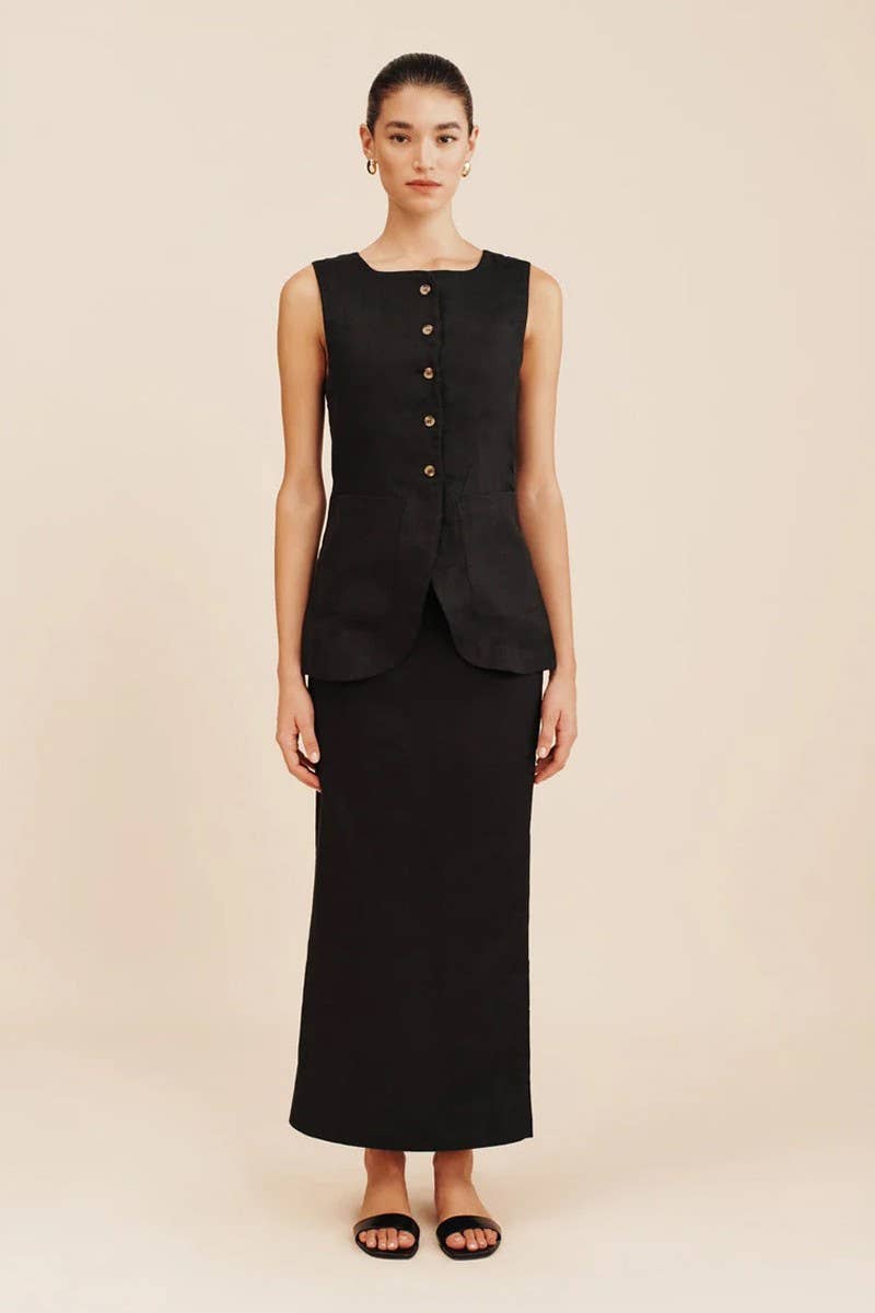 CWSS1141_LINEN SLEEVELESS TANK TOP & HIGH WAIST SKIRT SET