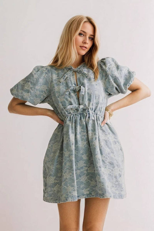 CWDSD8825_FLORAL PUFF SLEEVE DRAWSTRING DENIM DRESS