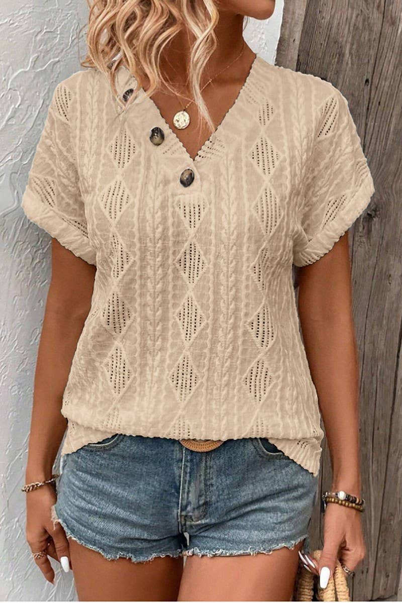 CWTBLS1794_V-NECK BUTTON-DOWN SHORT-SLEEVED TOP T-SHIRT
