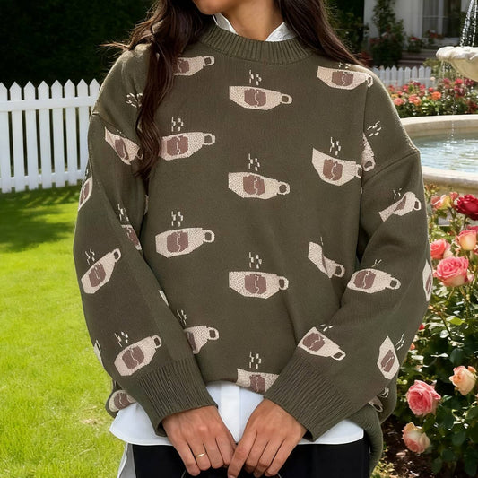 Coffee jacquard semi-turtleneck sweater