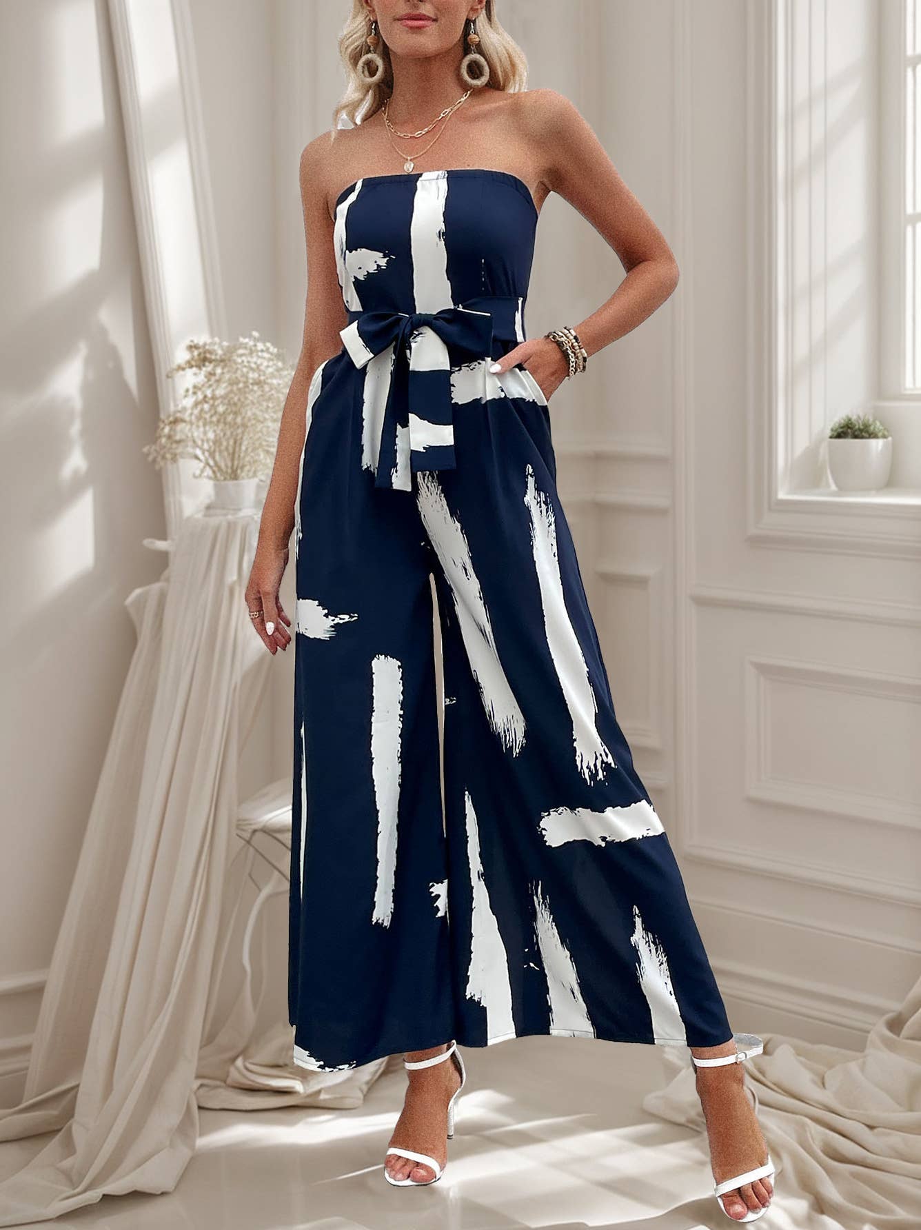 Brush-print strapless strapless jumpsuits