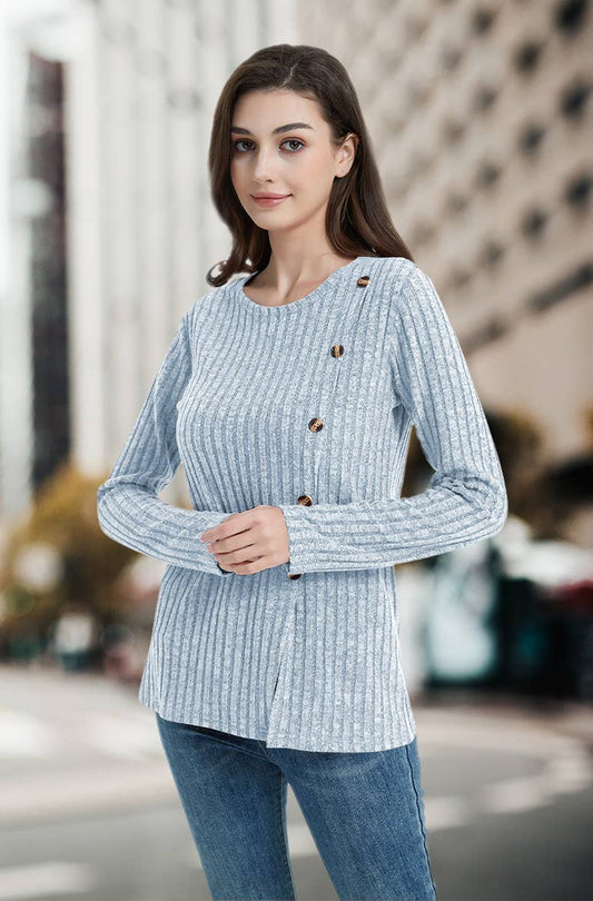 CREW-NECK SOLID COLOR PIT STRIPE BUTTON KNIT