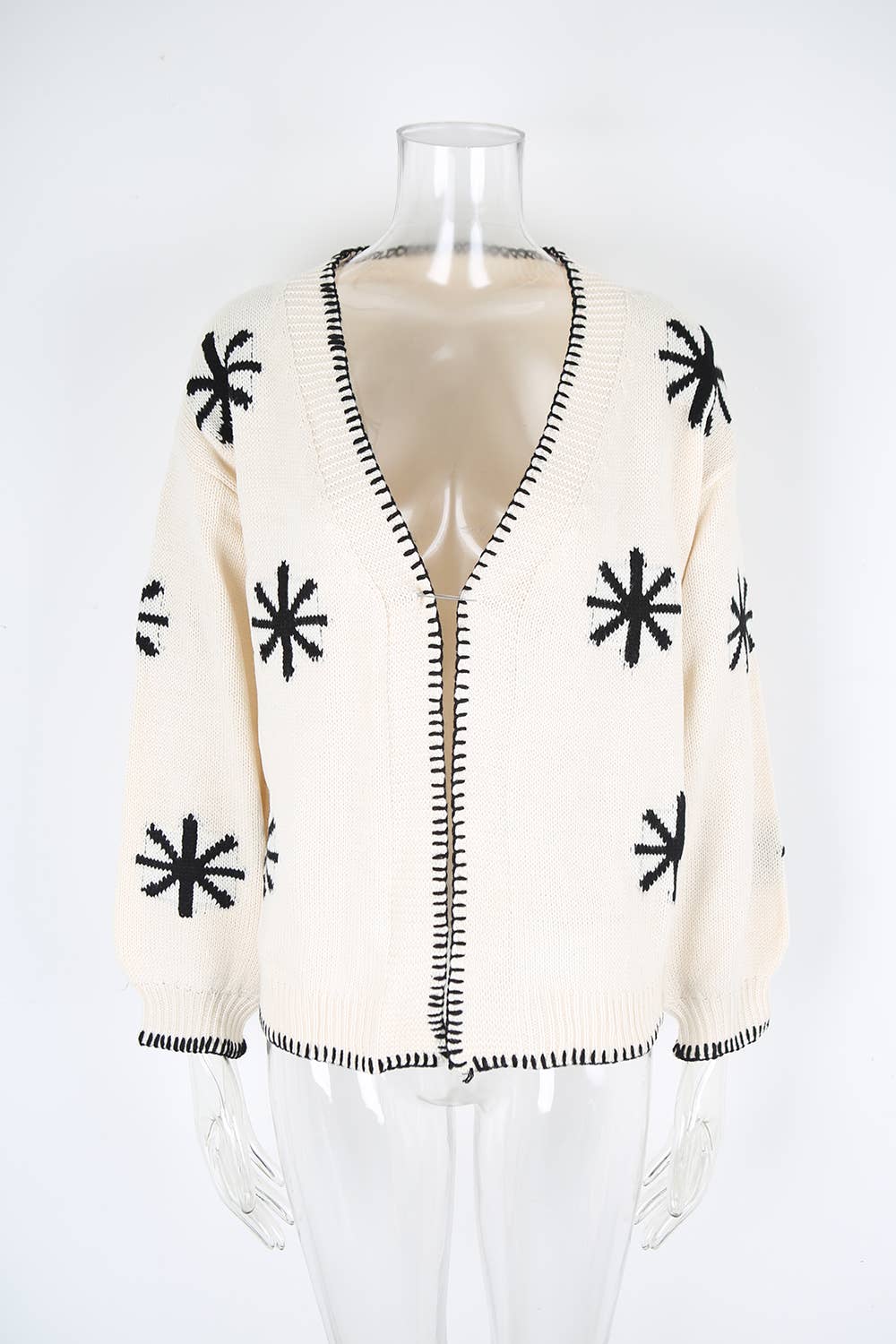 Color-blocking jacquard buttonless cardigan