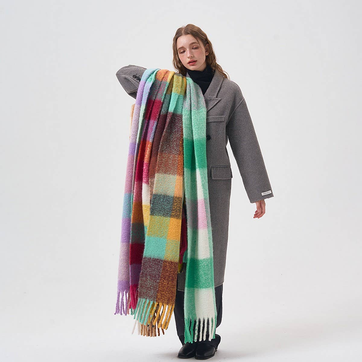 32% Wool Colorblock Plaid Scarf - Soft & Warm_CWASC2365