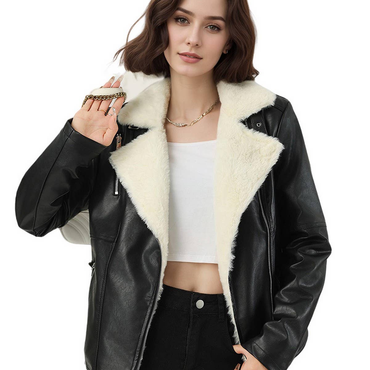 Plus Size Faux Shearling Lined Winter PU Jacket_CWMM9027