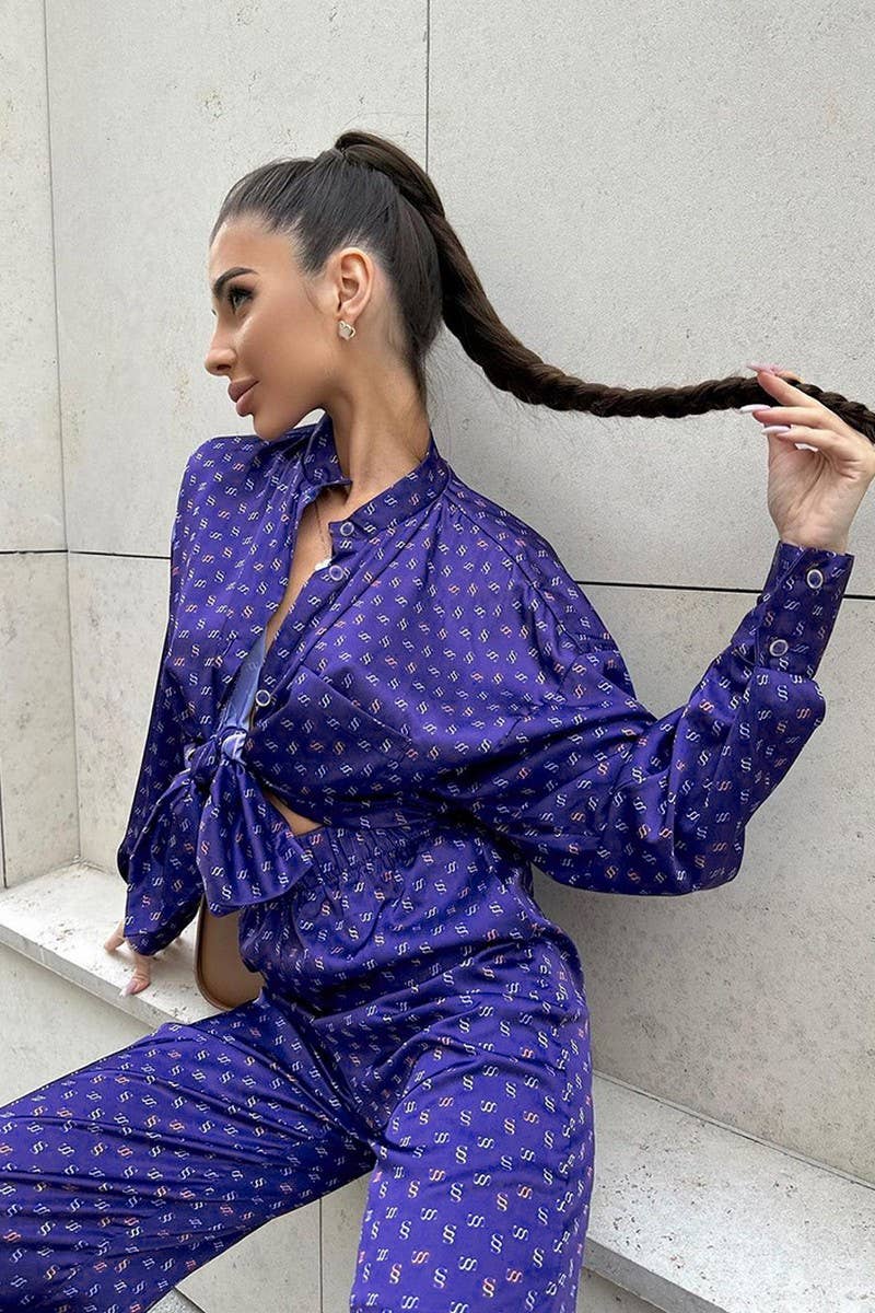 CWSPJ0329_SATIN PRINTED SHIRT PAJAMAS TWO-PIECE SET