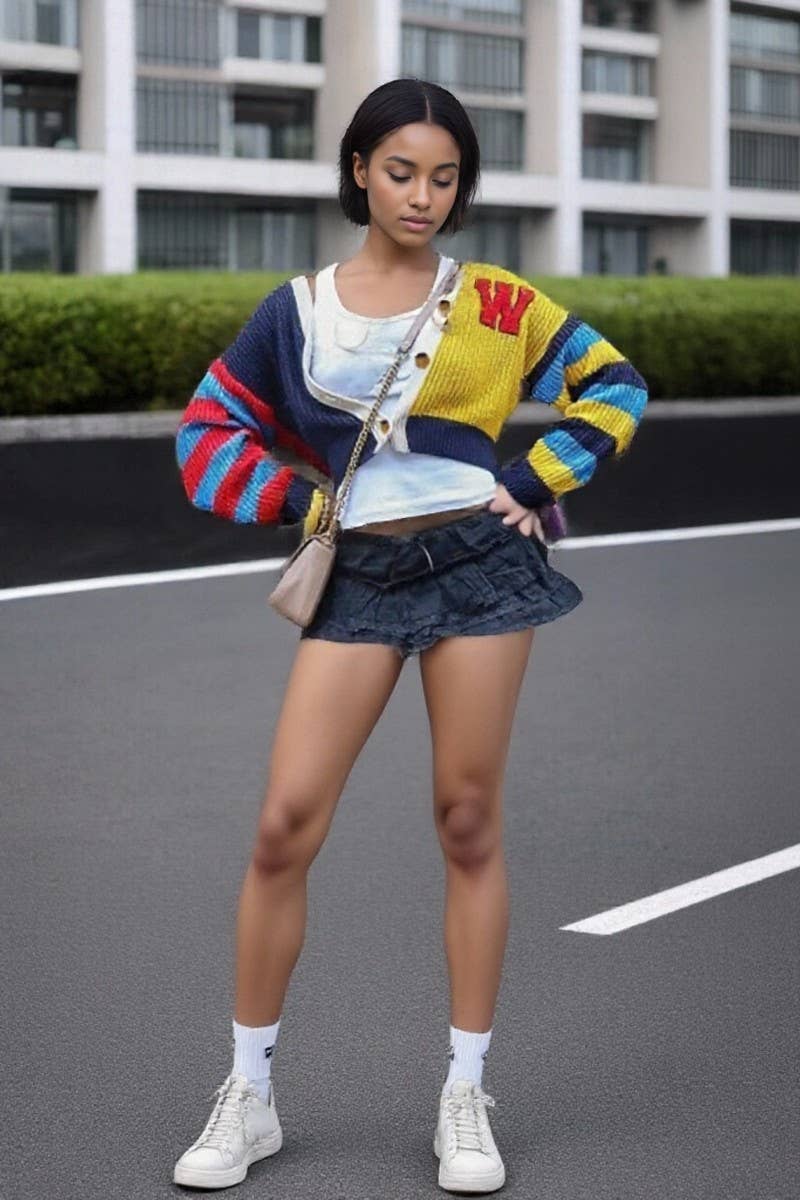 CWOSWL6919_CASUAL COLORFUL LETTER KNITTED SWEATER COAT