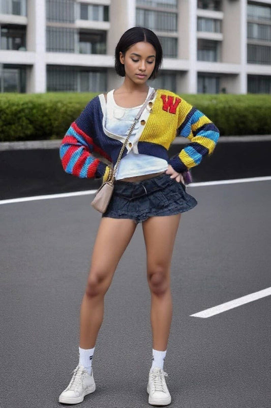 CWOSWL6919_CASUAL COLORFUL LETTER KNITTED SWEATER COAT