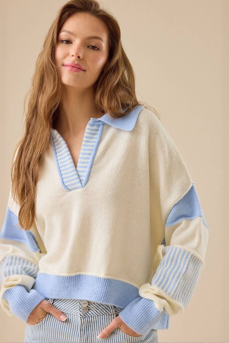 CWOSWL07751_2025 CASUAL STRIPED V NECK LOOSE KNIT SWEATER