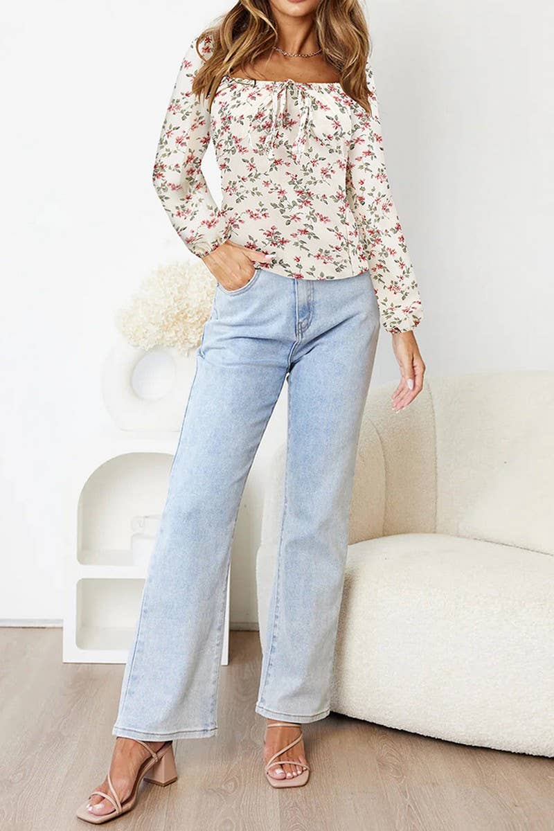 CWTBLL3996_SQUARE NECK FLORAL LONG SLEEVE BLOUSE