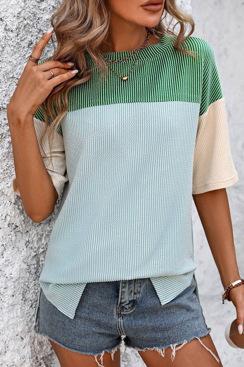 CWTTS1317_SUMMER ROUND NECK COLOR BLOCK LOOSE T-SHIRT
