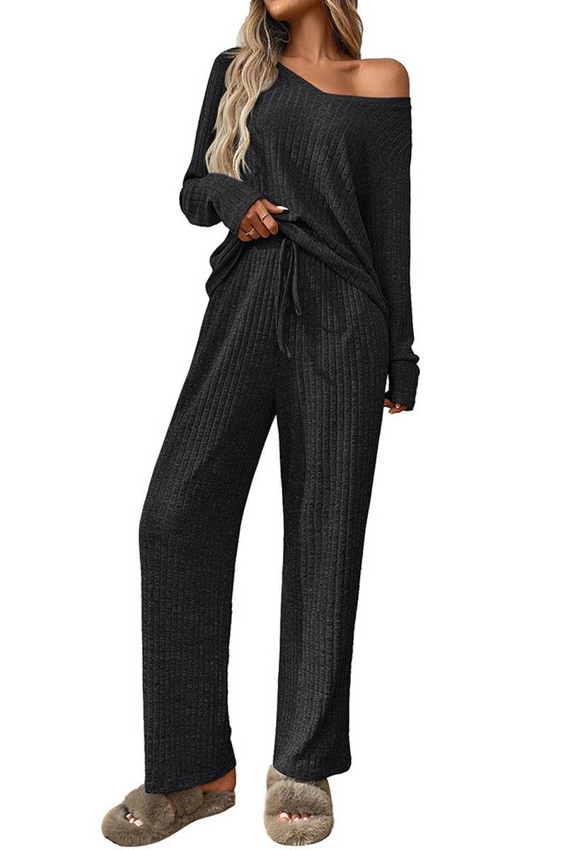 CWOSWL07636_RIBBED PAJAMA SET WOMEN LONG SLEEVE TOP AND PANT