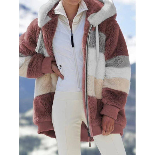FLEECE PATCHWORK ZIPPER POCKET HOODED JACKET