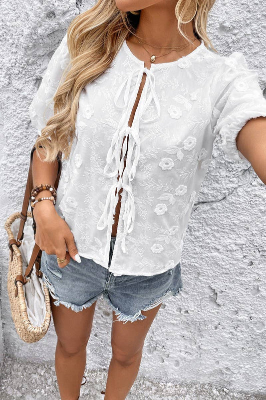 CWTBLS1994_BOW TIE JACQUARD EMBROIDERED SHIRT FOR WOMEN