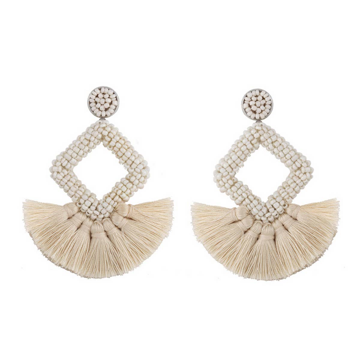GEOMETRIC DIAMOND SHAPED RICE BEAD TASSEL EARRINGS