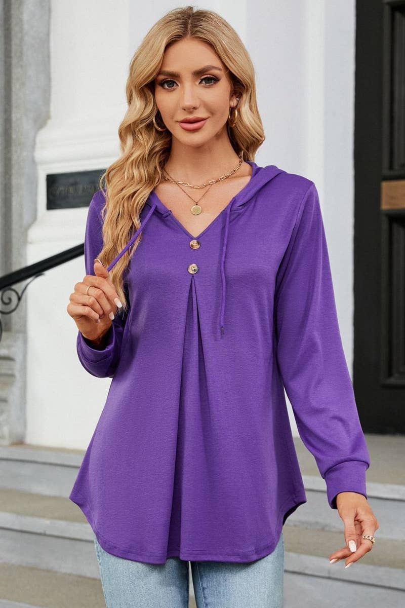 CWTBLL2682_SOLID COLOR DRAWSTRING LONG-SLEEVED HOODED TOP