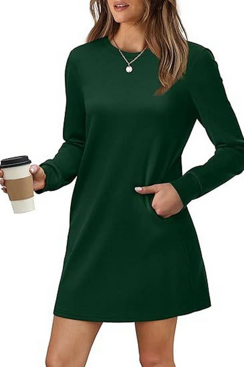 CWDSD8813_ROUND NECK POCKET LONG SLEEVE SWEATER DRESS