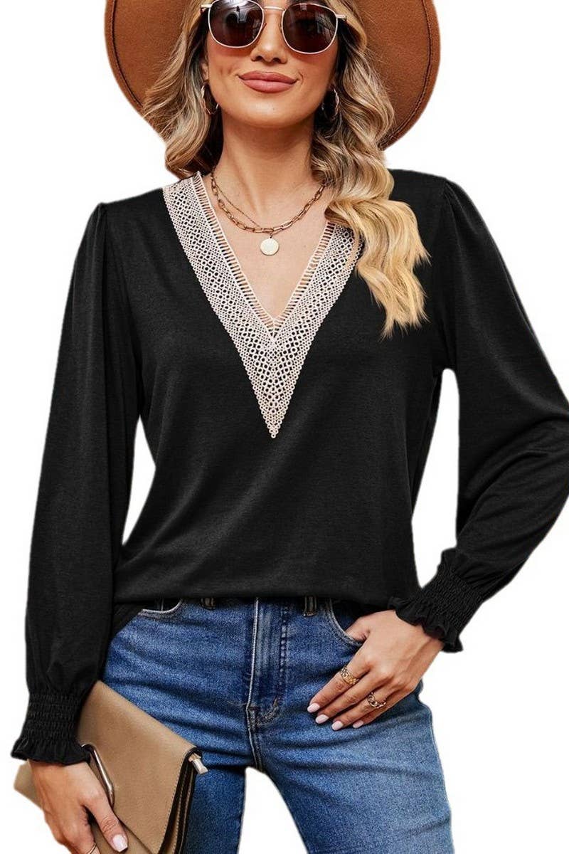 CWTBLL2395_V-NECK LACE RUFFLE SLEEVES LOOSE CASUAL TOP