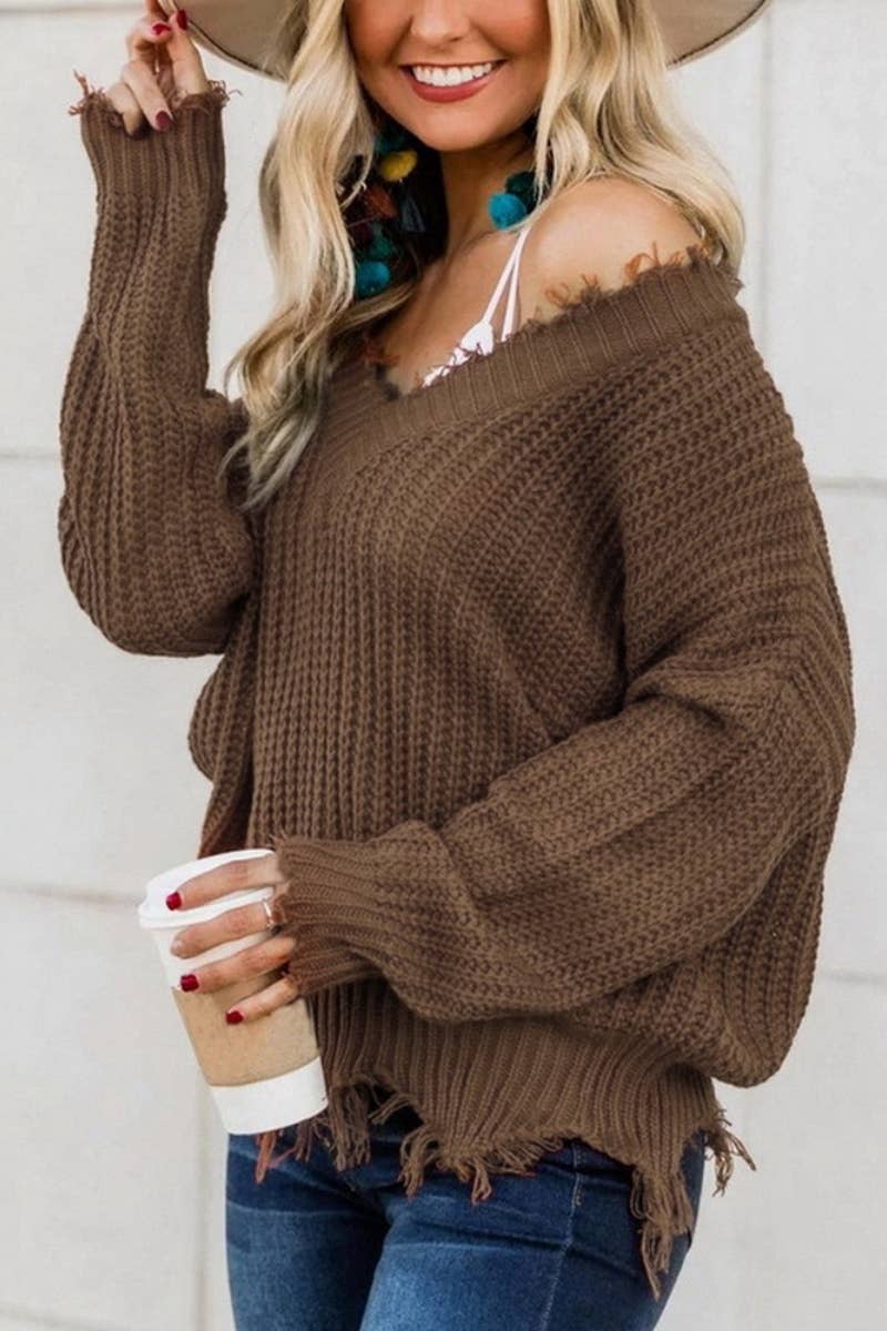 CWOSWL6324_SEXY V-NECK LONG-SLEEVED FRINGE SWEATER