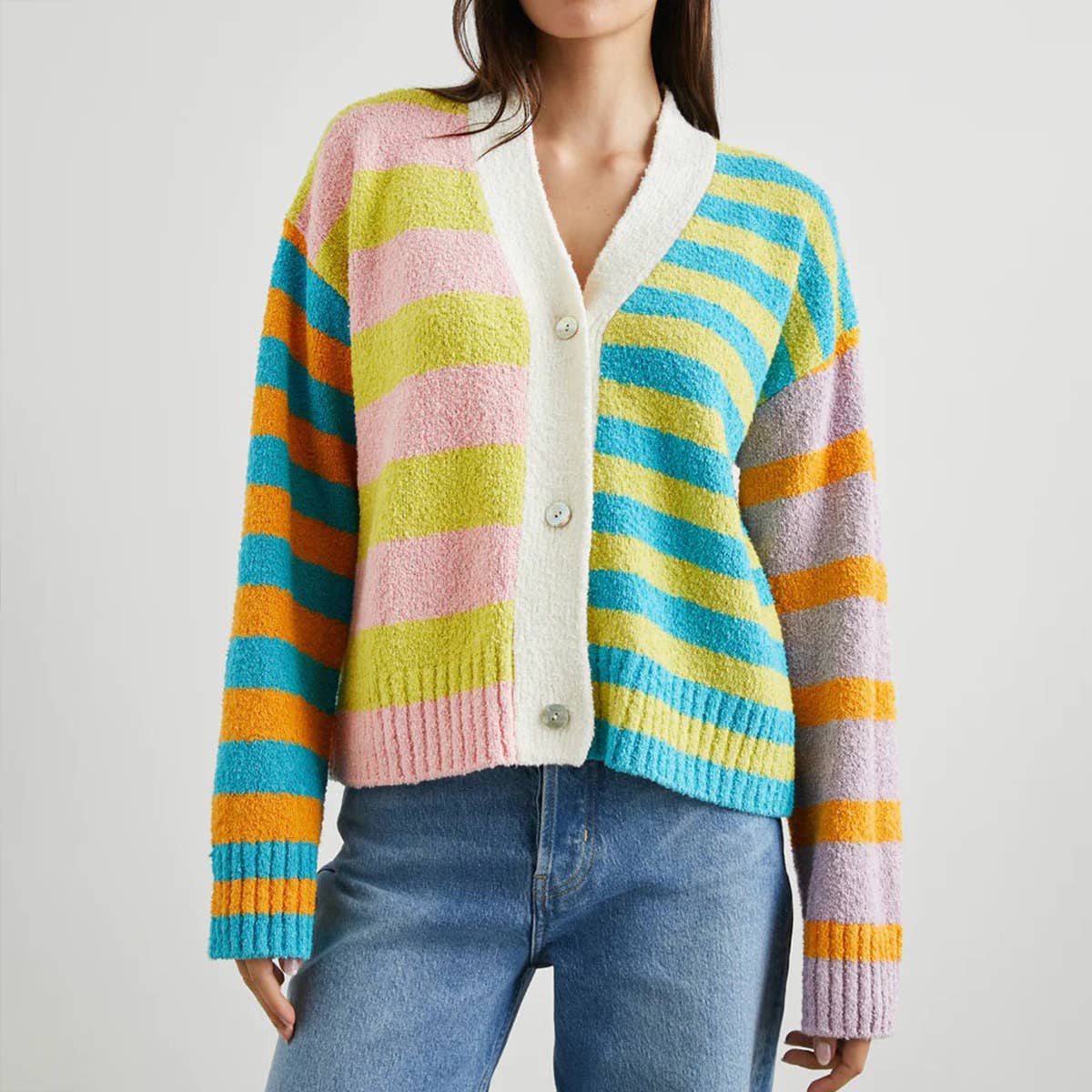 COLOR MATCHING STRIPED PLUSH LOOSE KNIT COAT