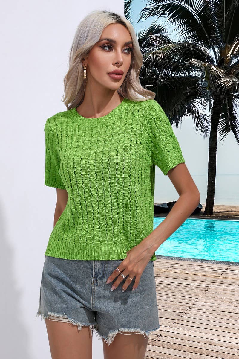 CWOSWS0062_Round Neck Short Sleeve Casual Top Sweater