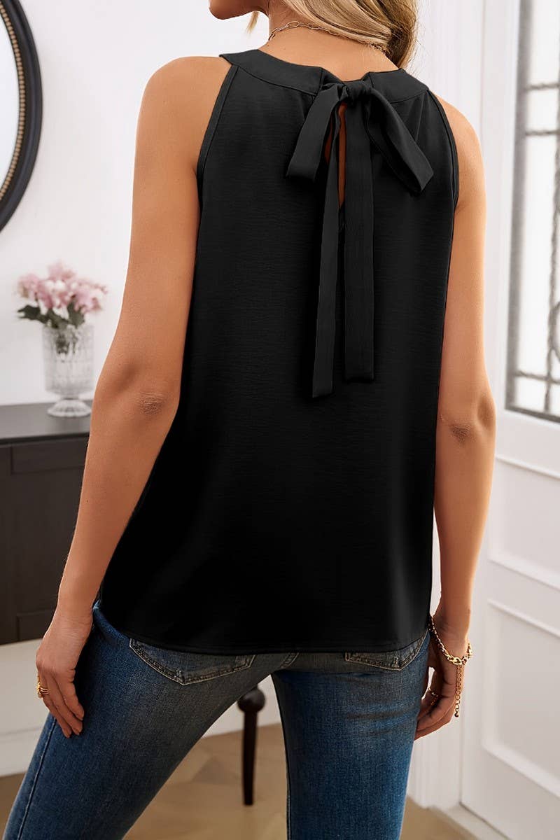 CWTTSL0337_SUMMER SLEEVELESS ROUND NECK TIE PLEATED TOP