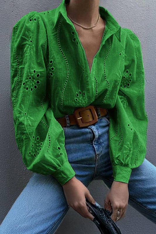 CWTSTL01000_CASUAL LOOSE HOLLOW OUT PUFF SLEEVE  TOP