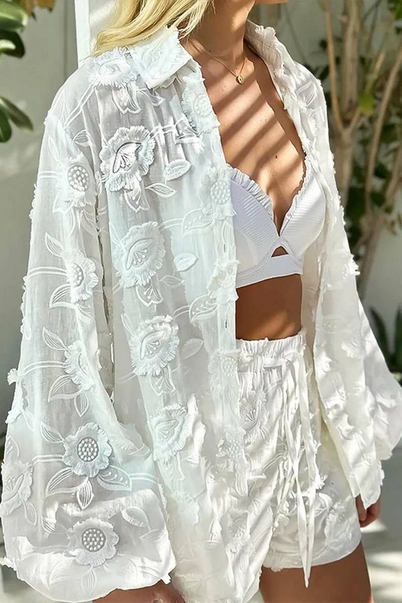 CWSTB1921_EMBROIDERED SHEER SHIRT & LACE SHORTS SET