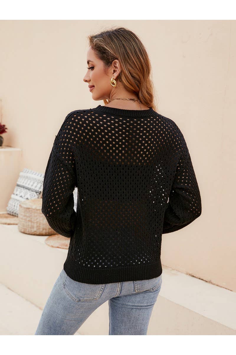 CWOSWL2449_Knit Hollow Out Crew Neck Long Sleeve Sweater