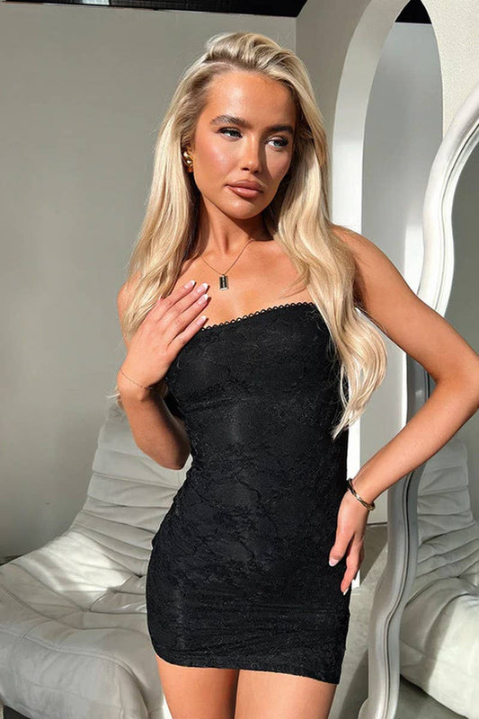 CWDTD0429_STRAPLESS LACE BODYCON SEXY SPLIT DRESS